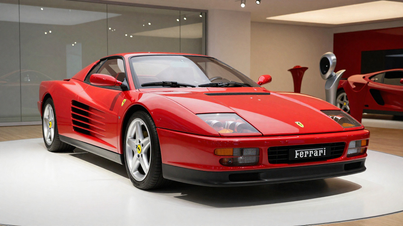 Ferrari vermelha clássica exposta em museu com design aerodinâmico e detalhes em preto e prata.