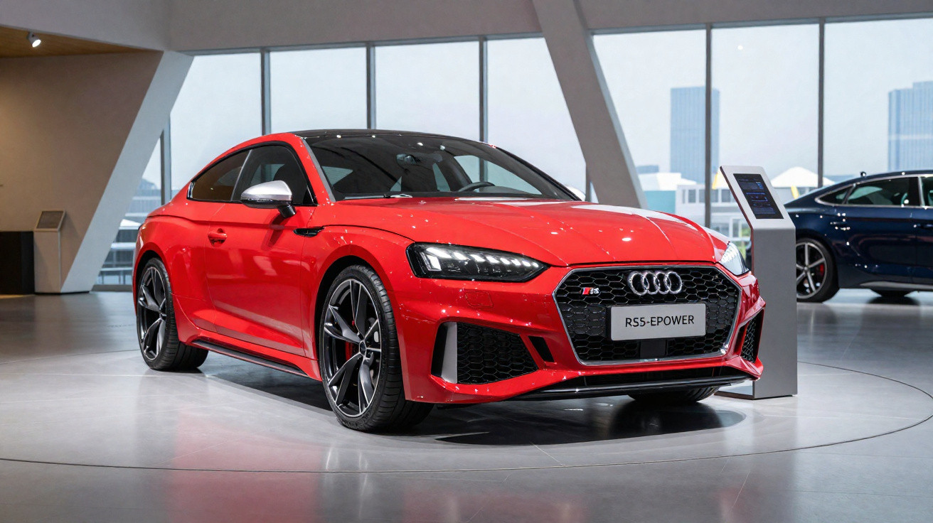 Audi RS5 Coupé vermelho exposto numa área moderna e luminosa, com jantes desportivas e luzes LED.