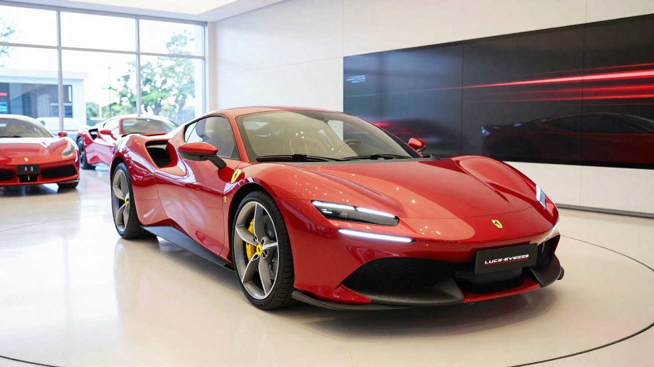 Carro desportivo vermelho Ferrari exposto numa sala moderna e iluminada com outras Ferraris ao fundo.