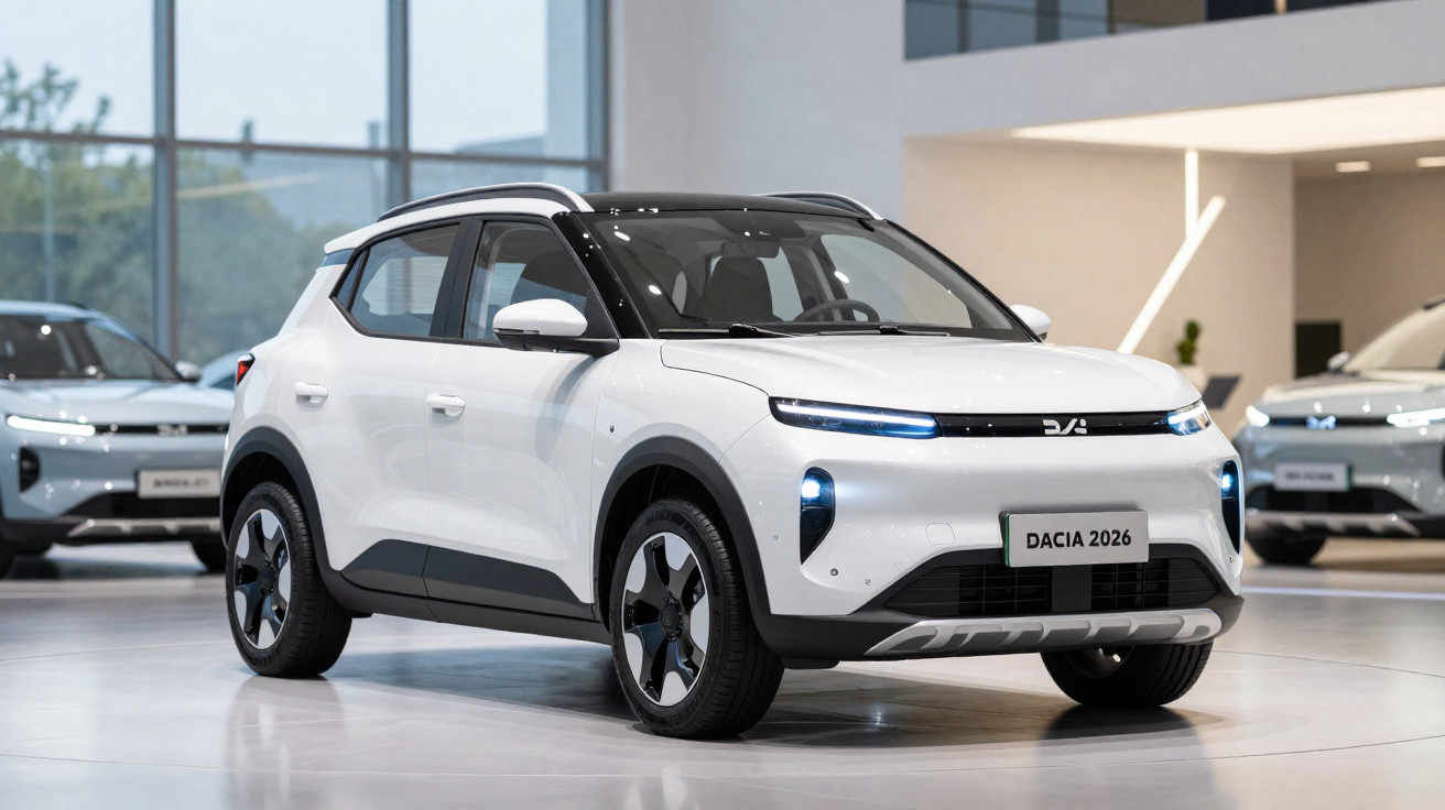 Carro elétrico branco Dacia 2026 exibido em ambiente de showroom moderno e iluminado.