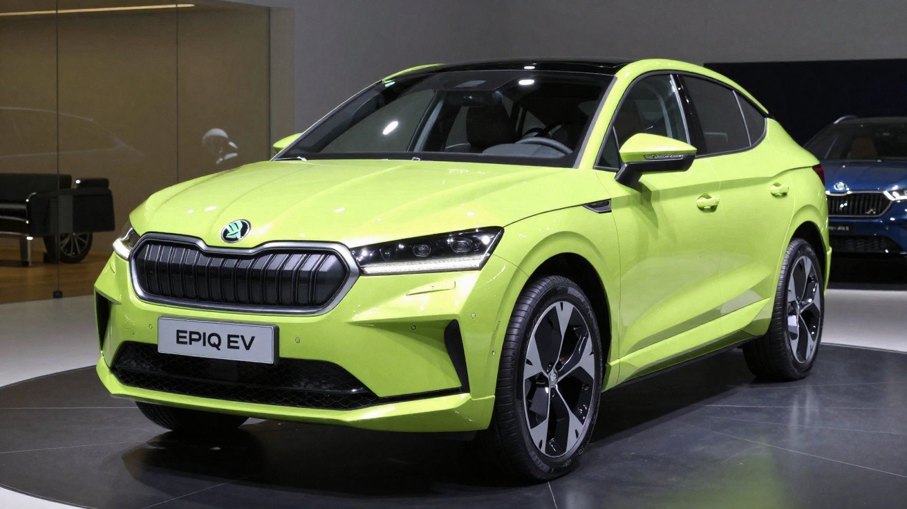 Carro elétrico Skoda EPIQ EV de cor verde, apresentado em salão automóvel com piso cinzento.