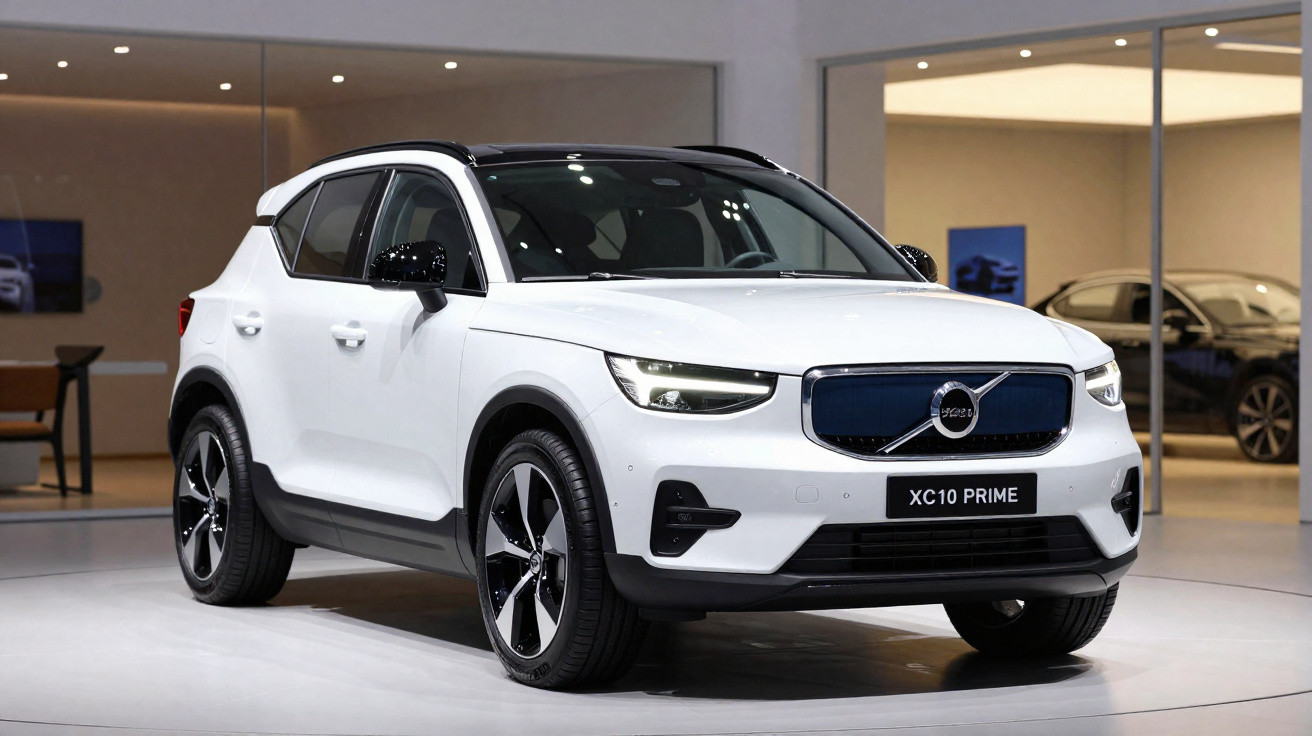 Carro Volvo XC10 Prime branco com teto preto exposto em salão automóvel moderno.