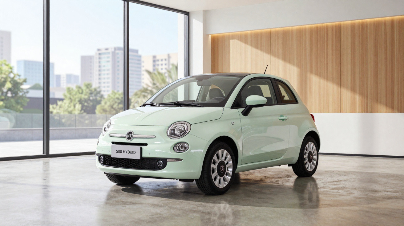 Automóvel Fiat 500 Hybrid verde claro estacionado em interior moderno com grandes janelas panorâmicas.