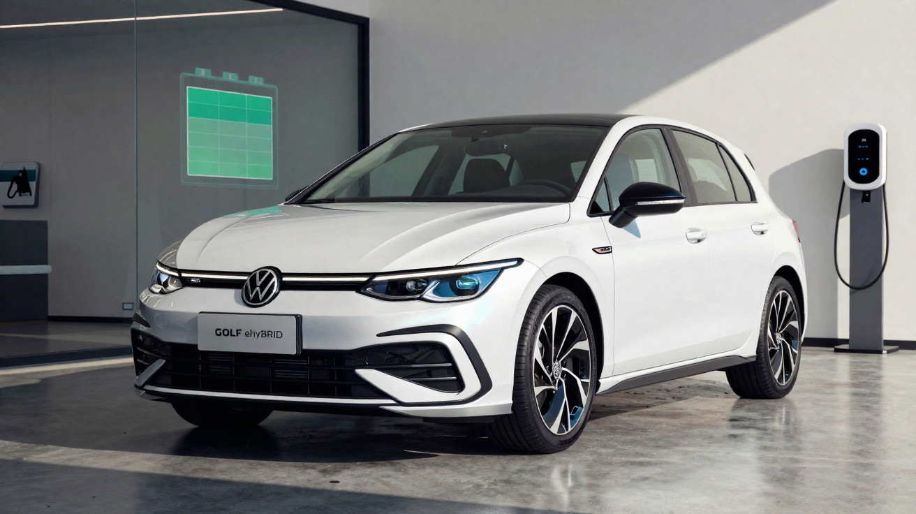 Carro elétrico branco Volkswagen Golf eHybrid estacionado numa garagem com estação de carregamento.