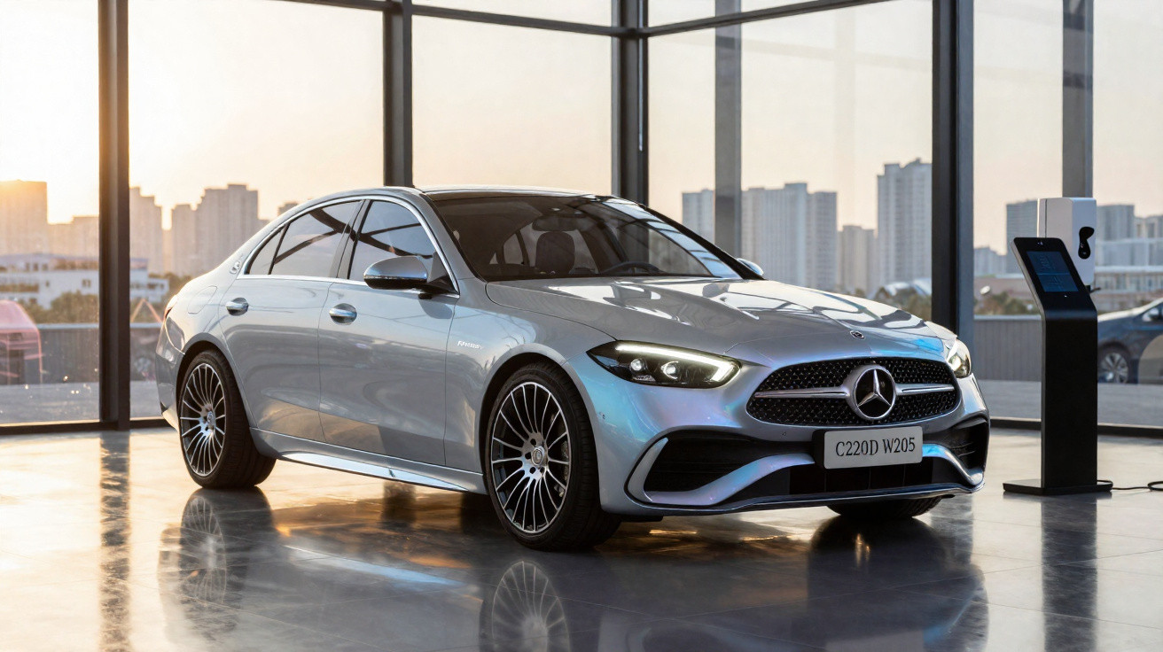 Mercedes-Benz C220D W205 prata estacionado dentro de showroom moderno com vidros e vista urbana ao pôr do sol.