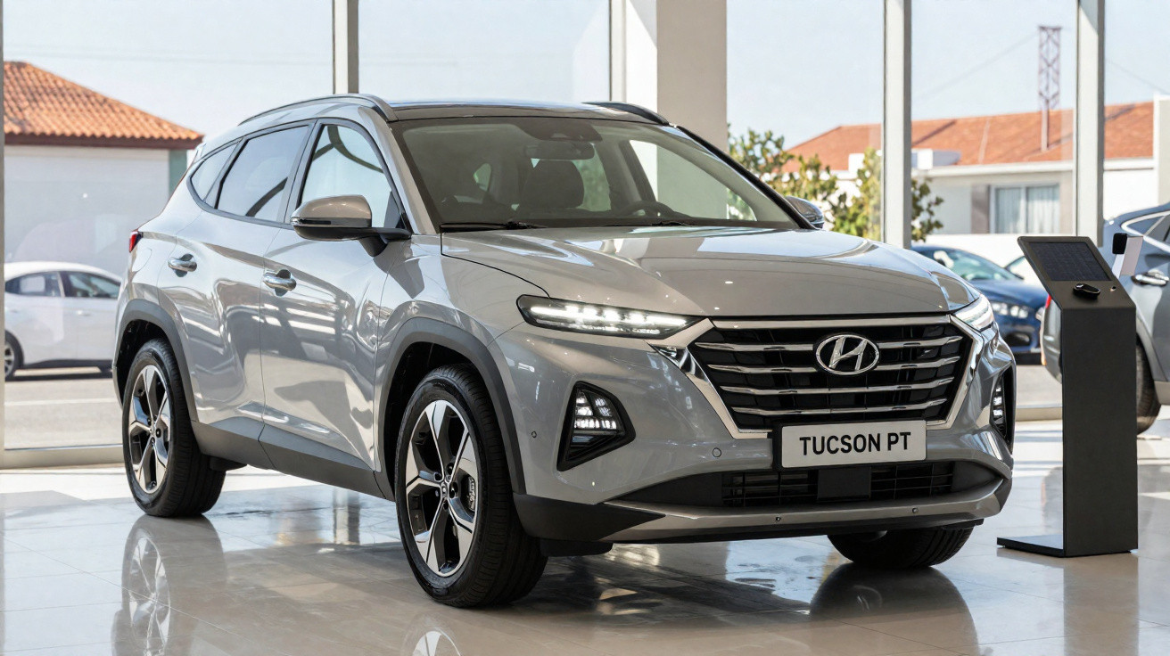 Carro Hyundai Tucson cinzento exposto em salão com janelas grandes e chão refletor.