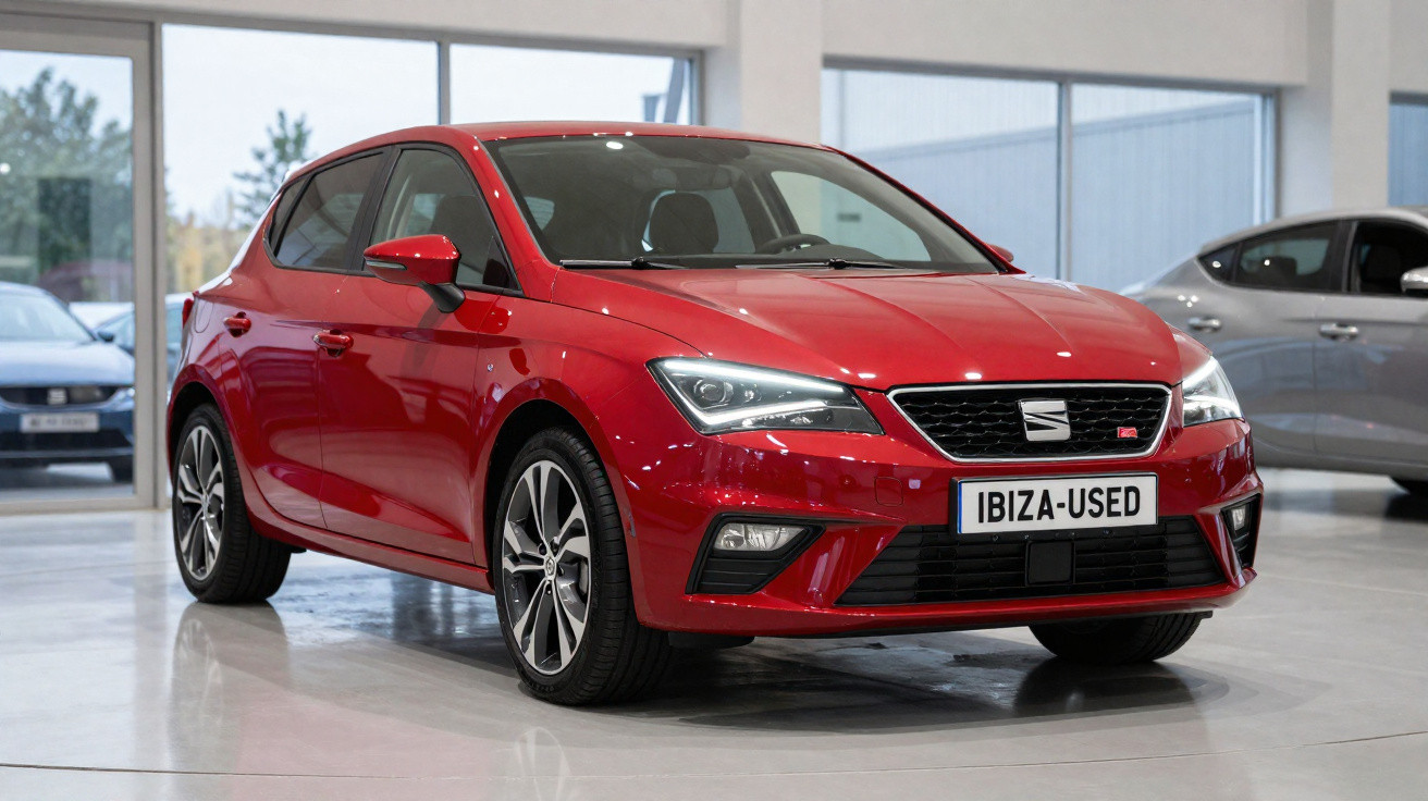 Automóvel Seat Ibiza vermelho, cinco portas, exposto num salão de automóveis moderno.