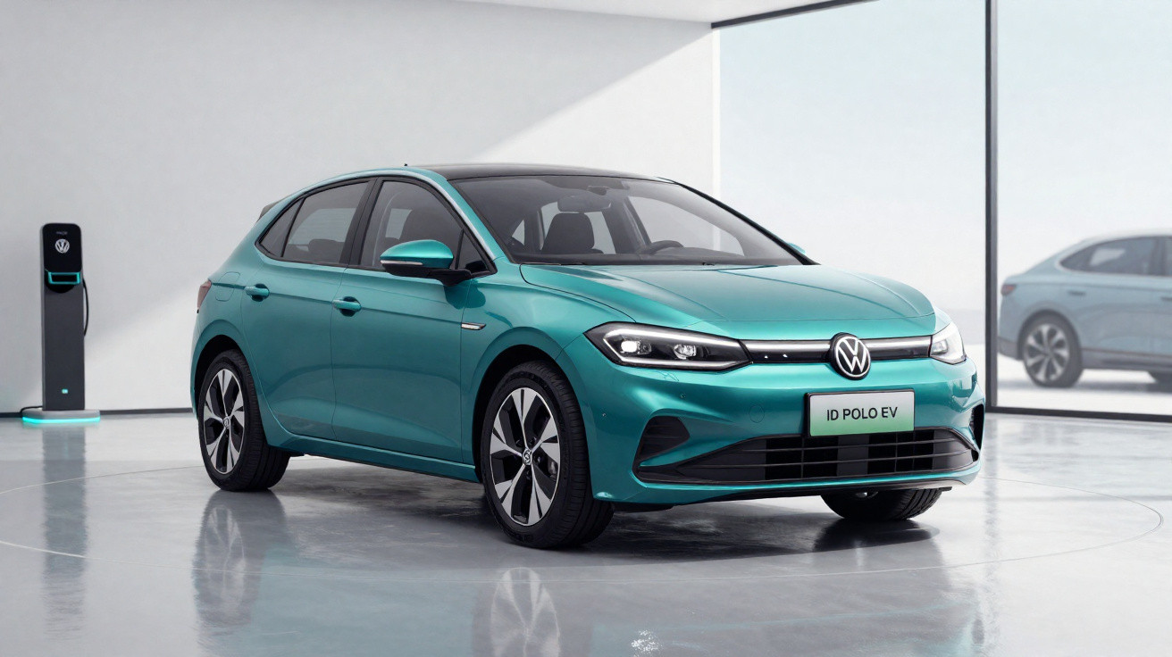 Automóvel elétrico Volkswagen ID. Polo EV verde em showroom moderno com posto de carregamento.