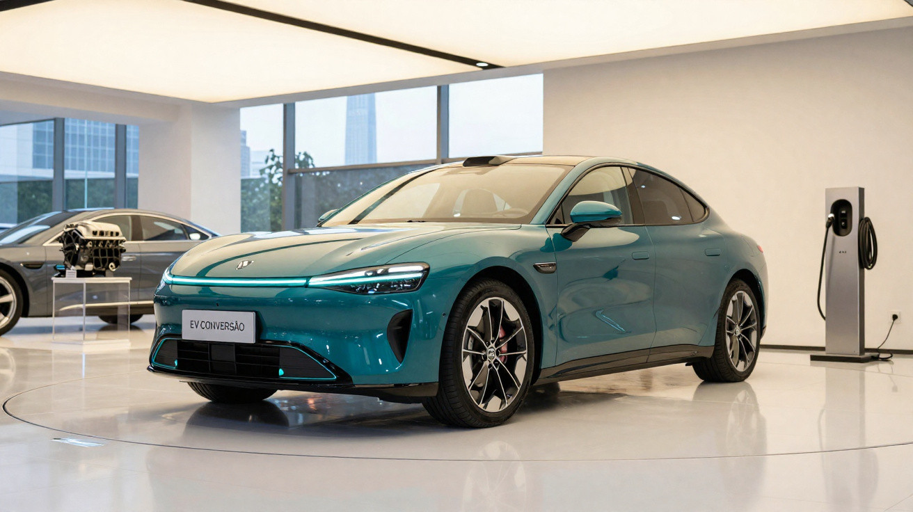Carro elétrico azul exibido num showroom moderno com estação de carregamento ao fundo.