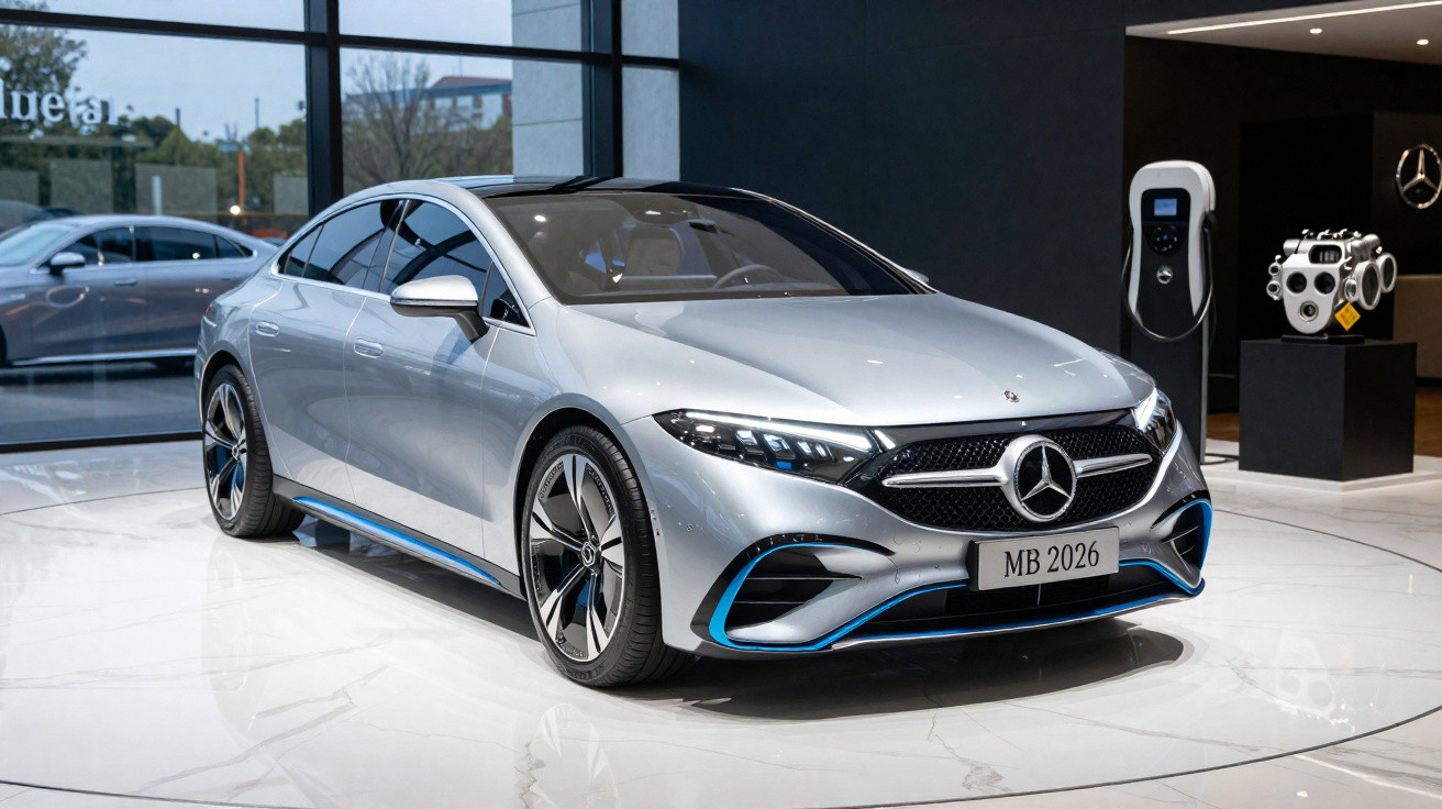 Carro elétrico Mercedes-Benz prateado exposto numa sala moderna com carregador e motor em exibição.