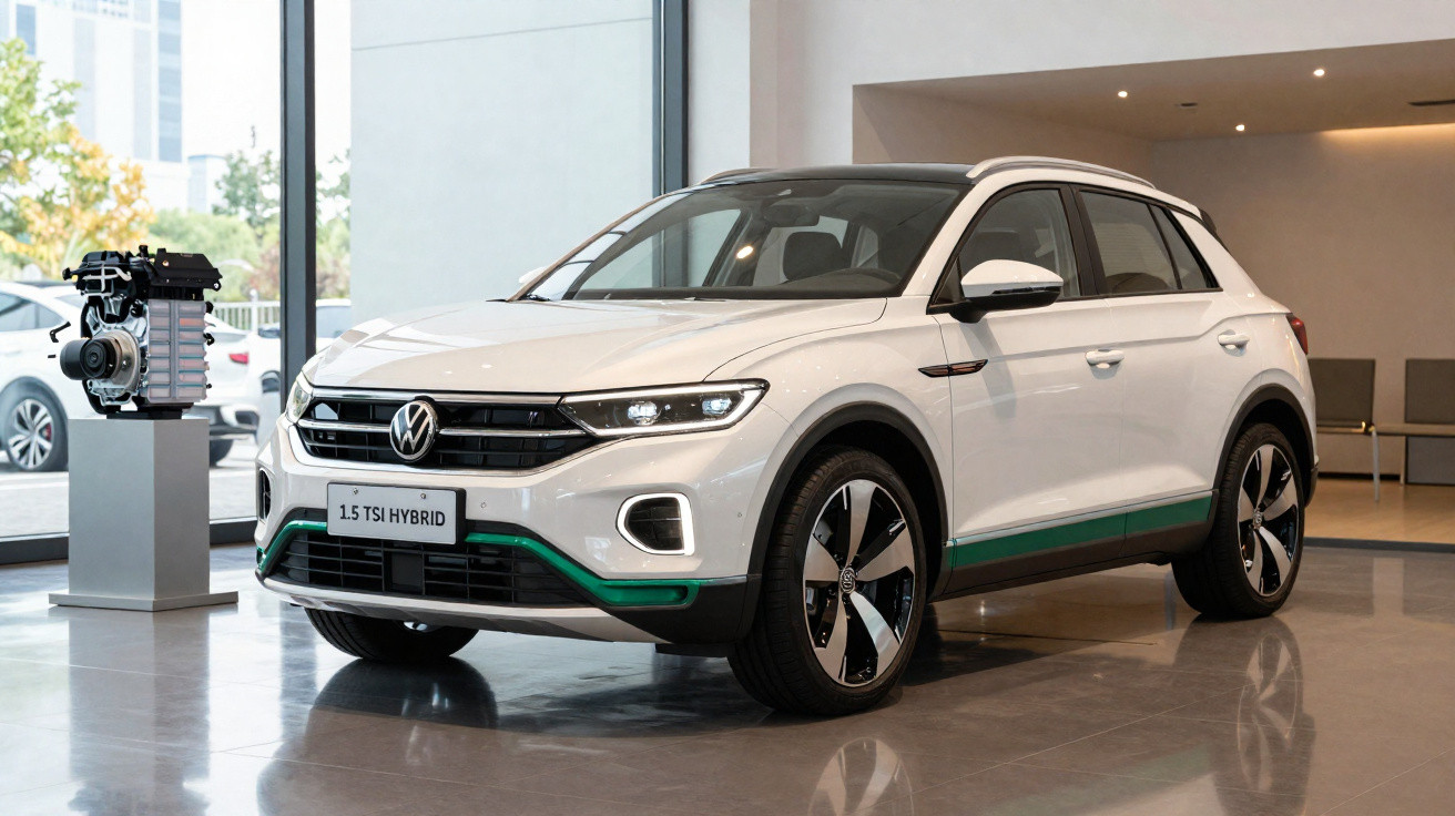 Volkswagen SUV híbrido branco 1.5 TSI em exposição, interior moderno com motor em pedestal ao lado.