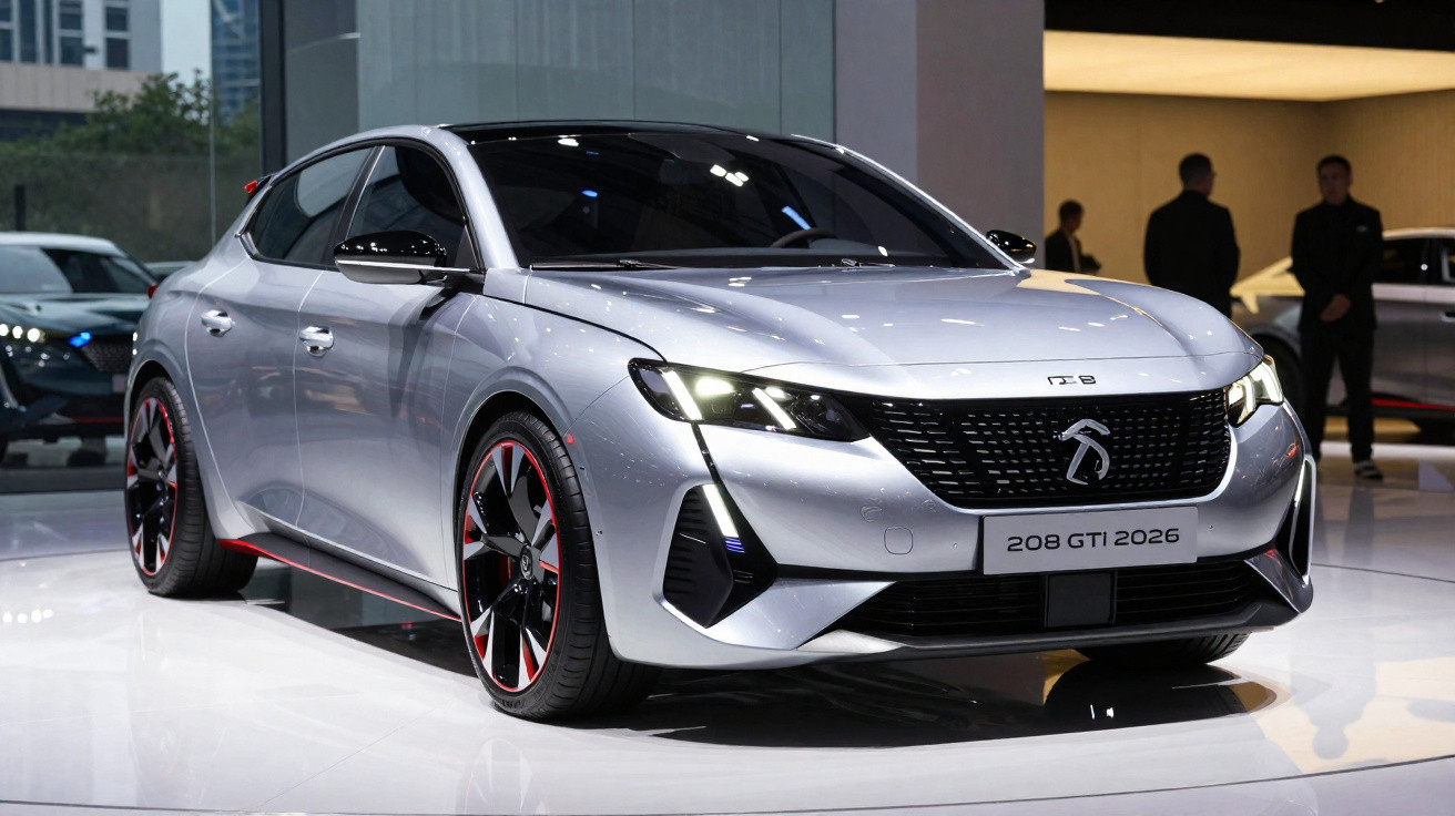 Peugeot 208 GTI 2026 prateado exibido em exposição, com faróis acesos e rodas desportivas.