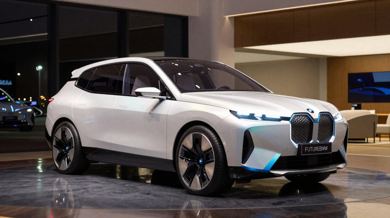Carro elétrico BMW futurista branco estacionado numa sala moderna com iluminação ambiente suave.
