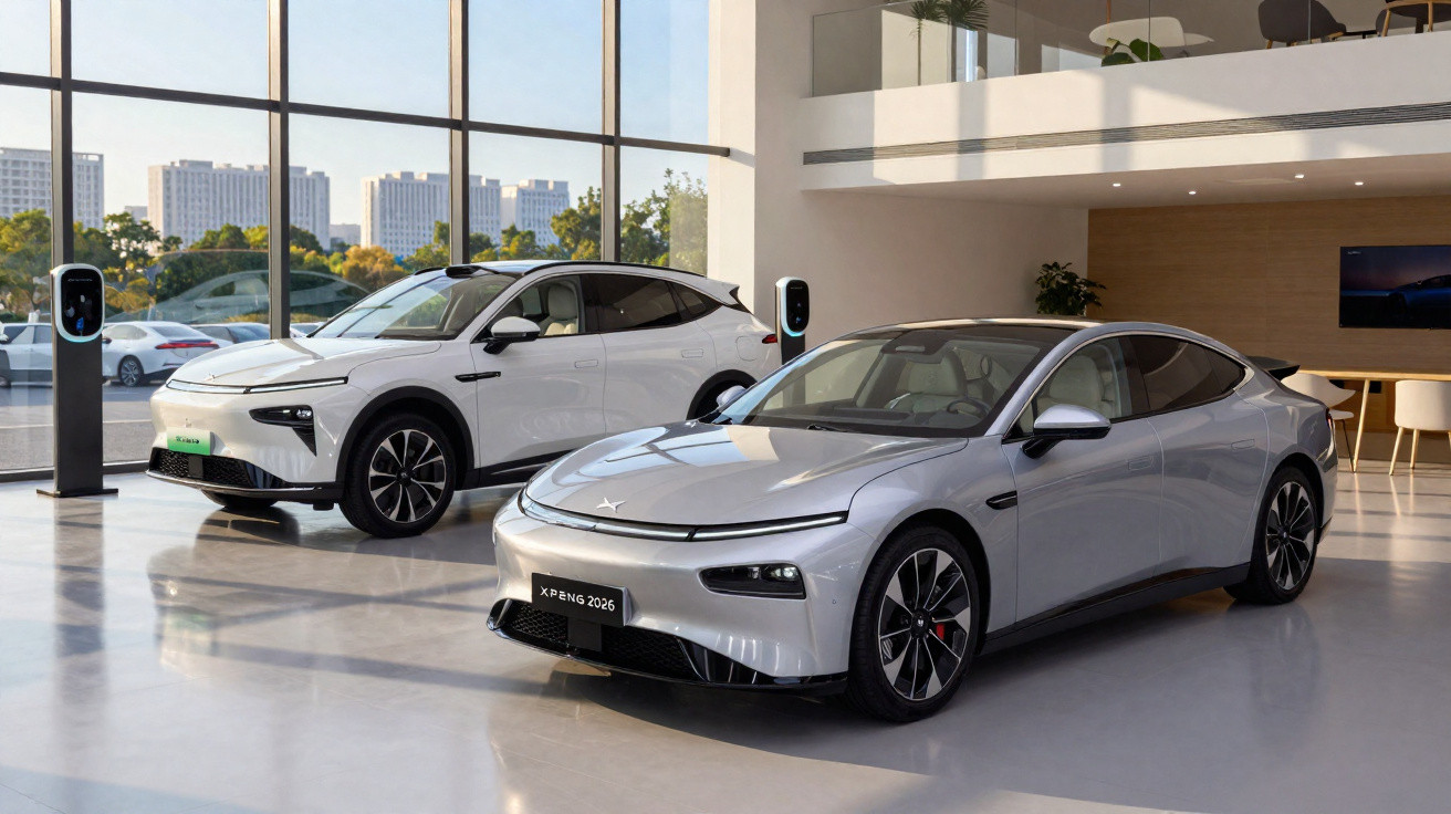 Dois carros elétricos XPeng, um cinzento e um branco, expostos numa sala moderna e iluminada.
