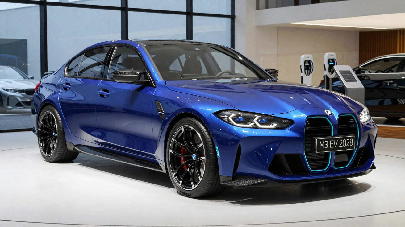 Carro desportivo BMW elétrico azul exposto em showroom moderno.
