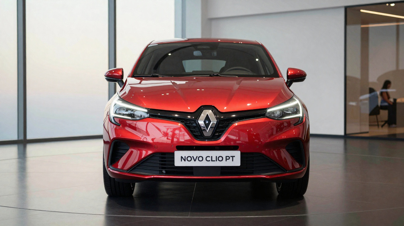 Carro Renault Novo Clio PT vermelho visto de frente numa sala de exposição moderna.