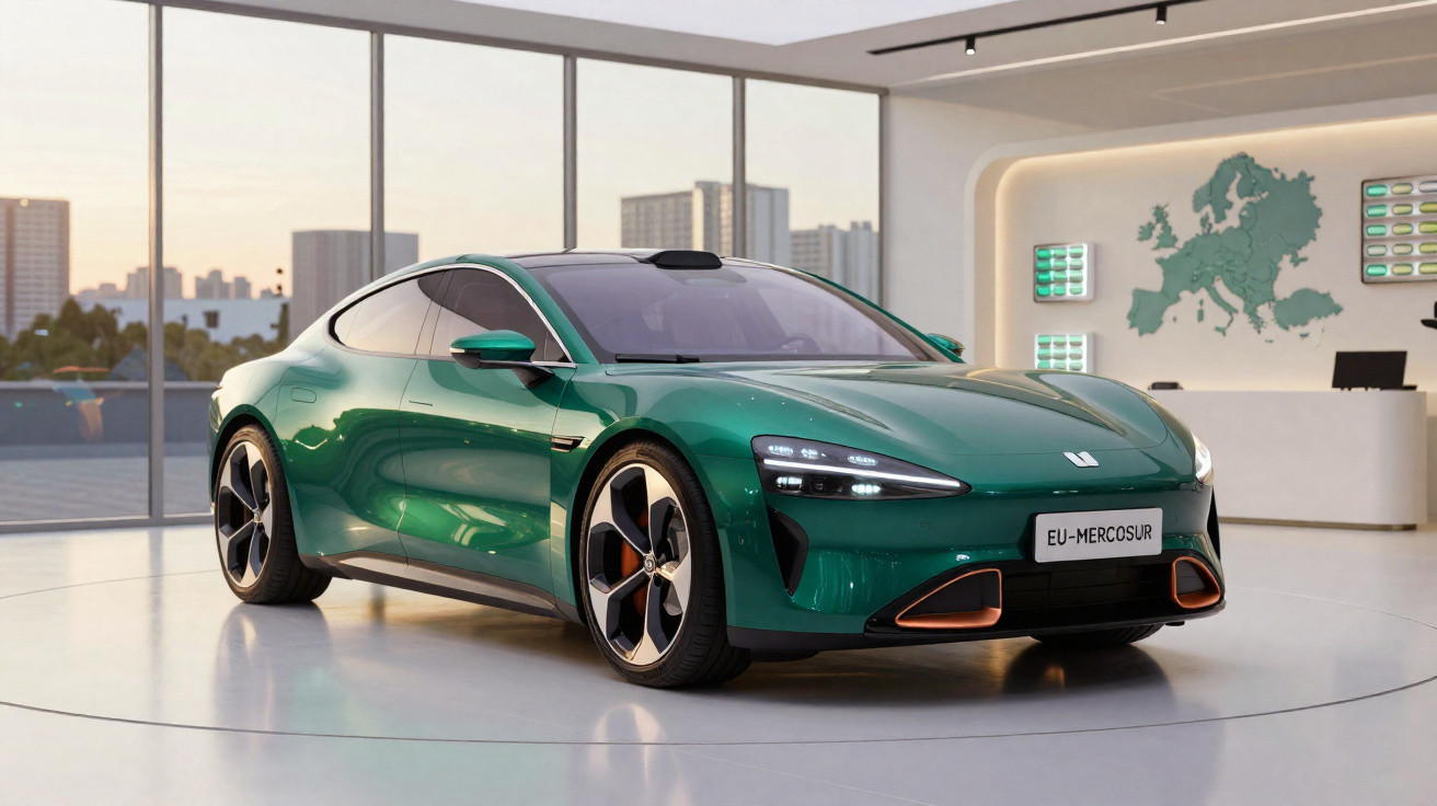 Carro elétrico desportivo verde exposto em ambiente moderno com vista urbana ao fundo.