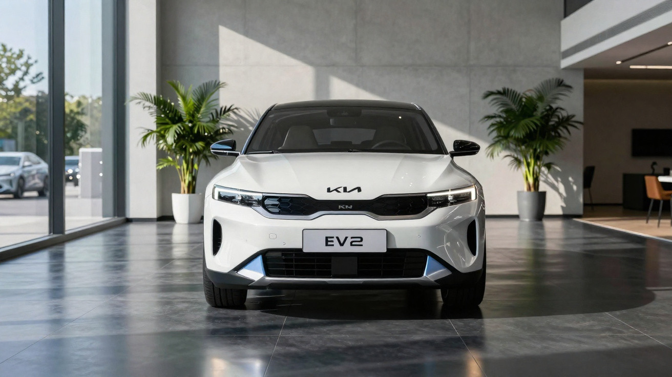 Automóvel eléctrico branco Kia EV2 em exposição numa sala moderna com plantas e janelas amplas.
