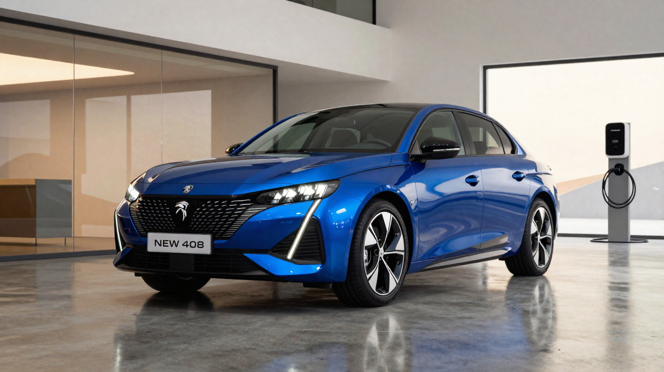 Peugeot 408 azul estacionado numa garagem moderna com posto de carregamento elétrico ao fundo.