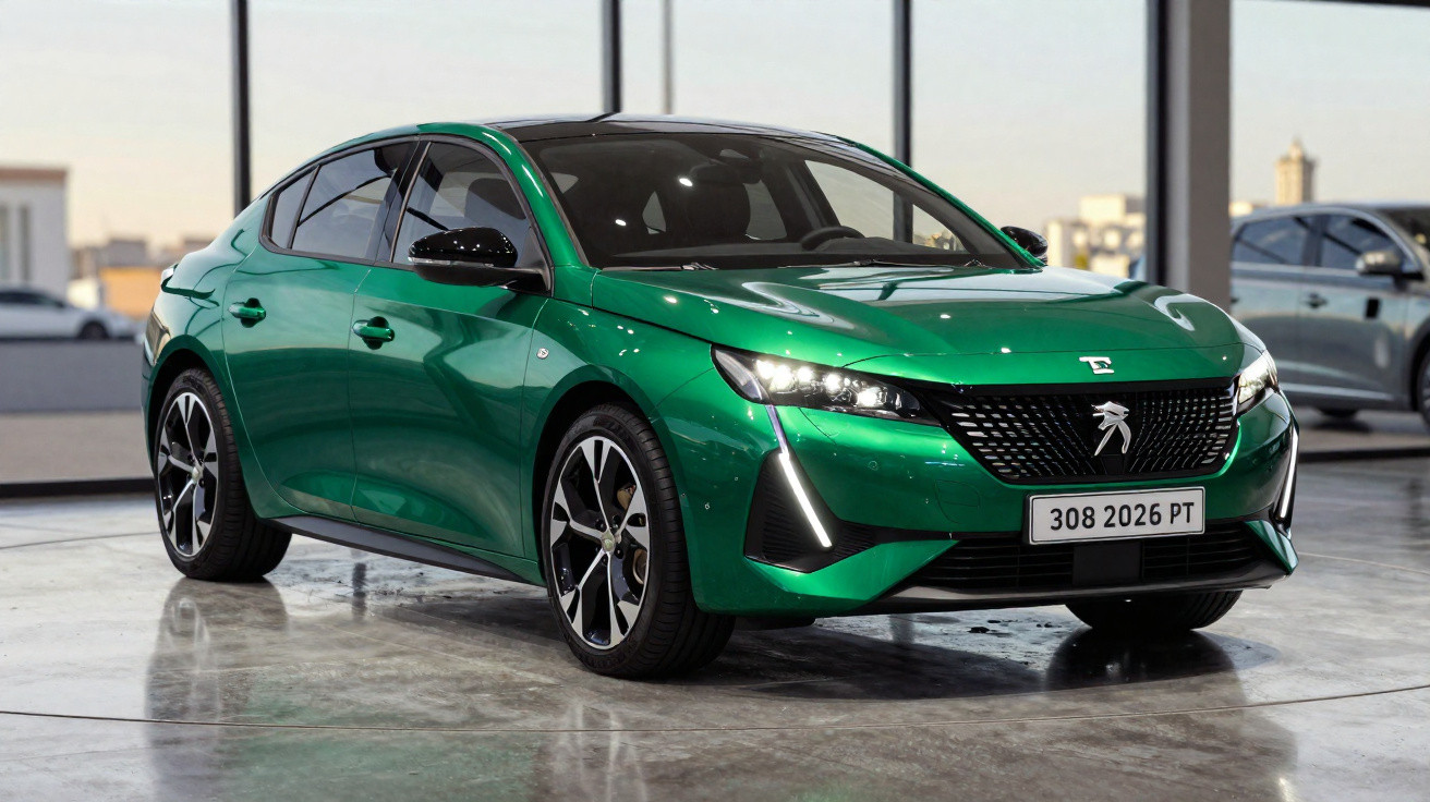 Peugeot 308 verde metálico estacionado em ambiente interior moderno e espaçoso.