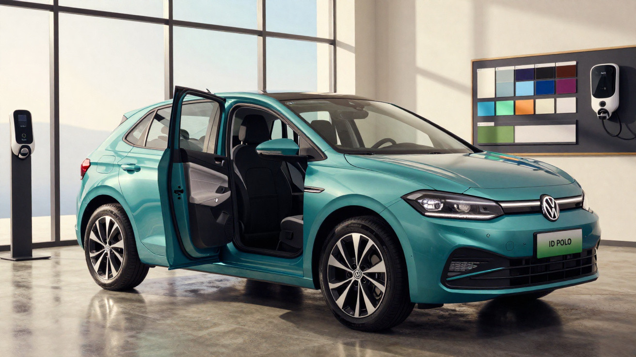 Carro elétrico Volkswagen ID. Polo verde com porta dianteira aberta numa sala moderna de exposição.