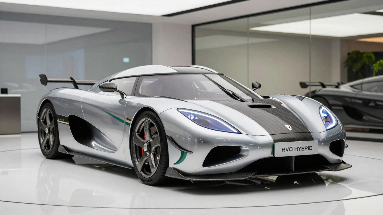 Carro desportivo híbrido prata e preto com design aerodinâmico em exposição numa sala moderna.