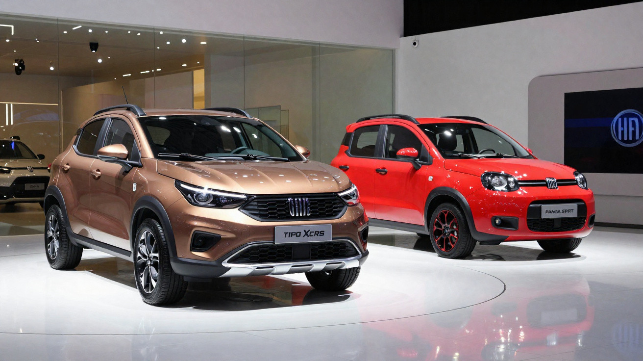 Dois carros Fiat em exposição, modelo Tipo X Cross castanho e Panda Sport vermelho, num salão iluminado.