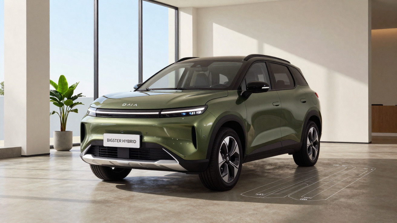 SUV híbrido verde estacionado numa sala moderna com janelas grandes e planta junto à parede.