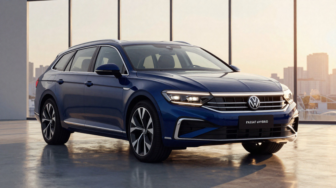 Carro Volkswagen Passat Hybrid azul escuro estacionado em interior moderno com grandes janelas de vidro.