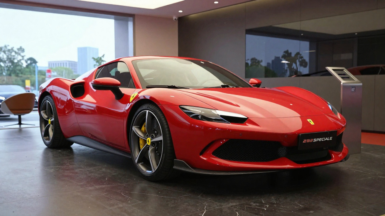 Carro desportivo Ferrari vermelho estacionado em interior elegante com janelas grandes.