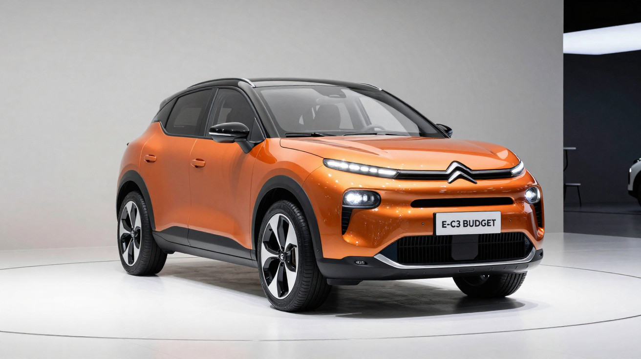 Automóvel Citroën E-C3 Budget laranja com tejadilho preto, exibido numa sala de exposição iluminada.