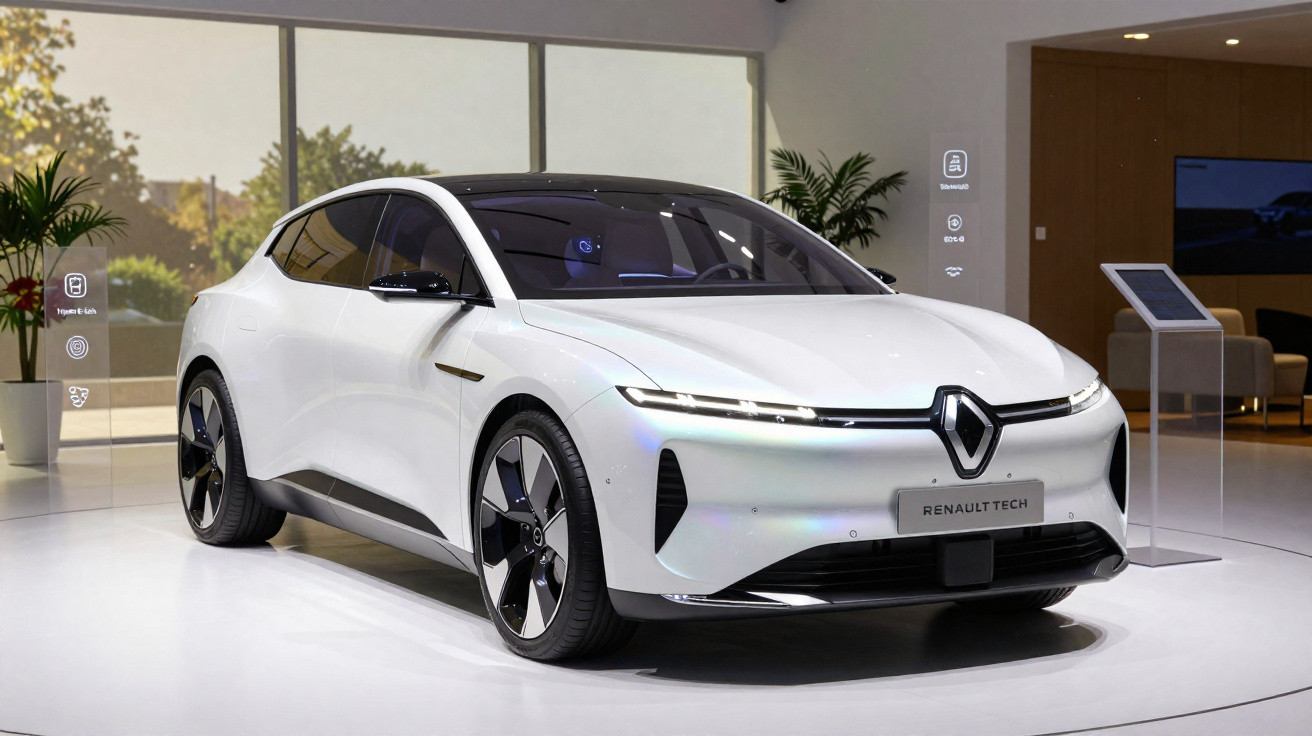 Carro elétrico branco RenaultTech exposto em ambiente moderno e iluminado.