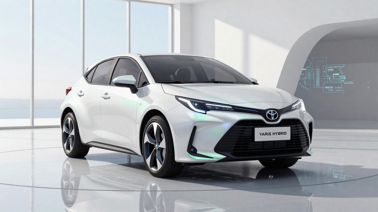Carro Toyota Yaris Hybrid branco estacionado em ambiente interior moderno e luminoso com grandes janelas.