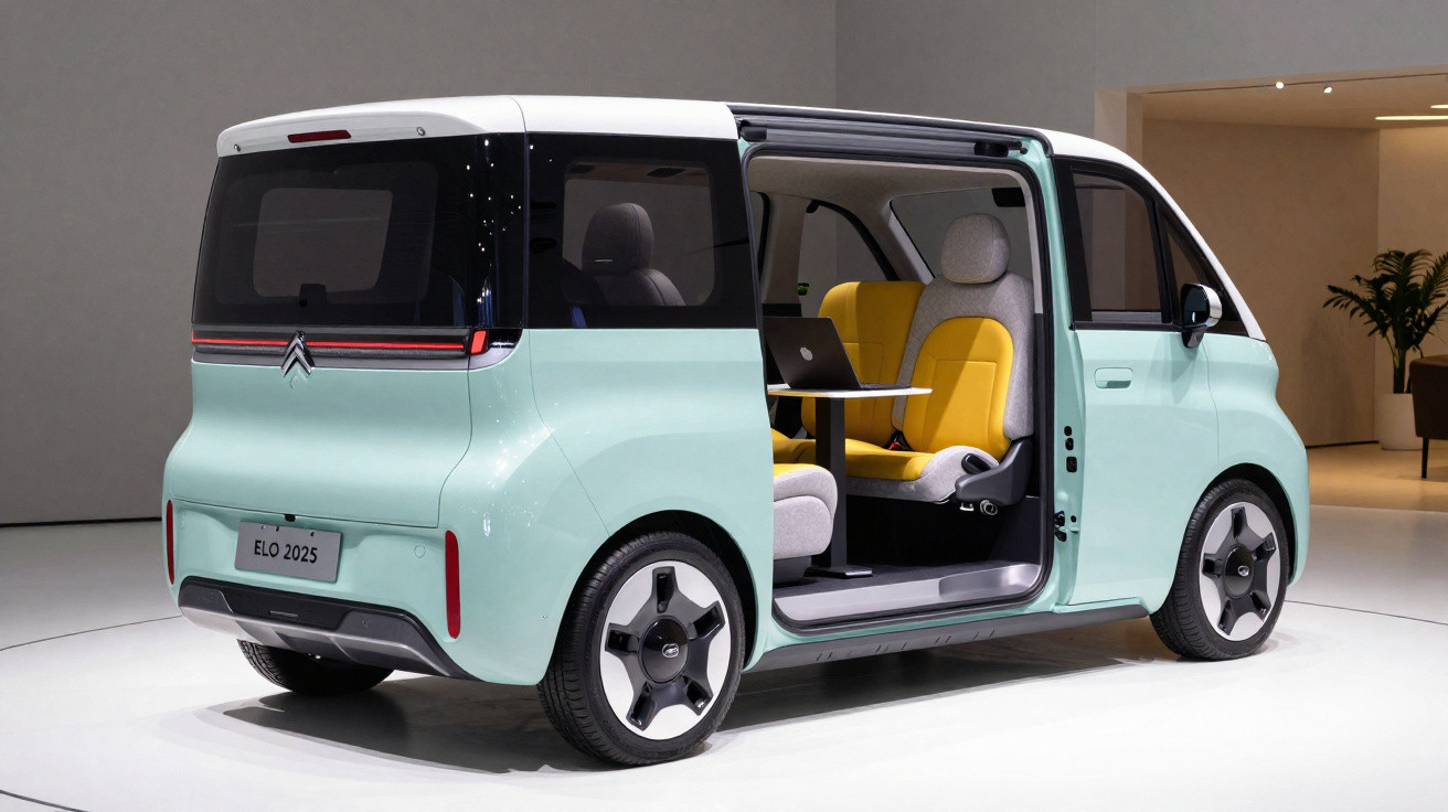 Automóvel Citroën ELO 2025 azul claro com portas laterais abertas e interior amarelo e cinza.