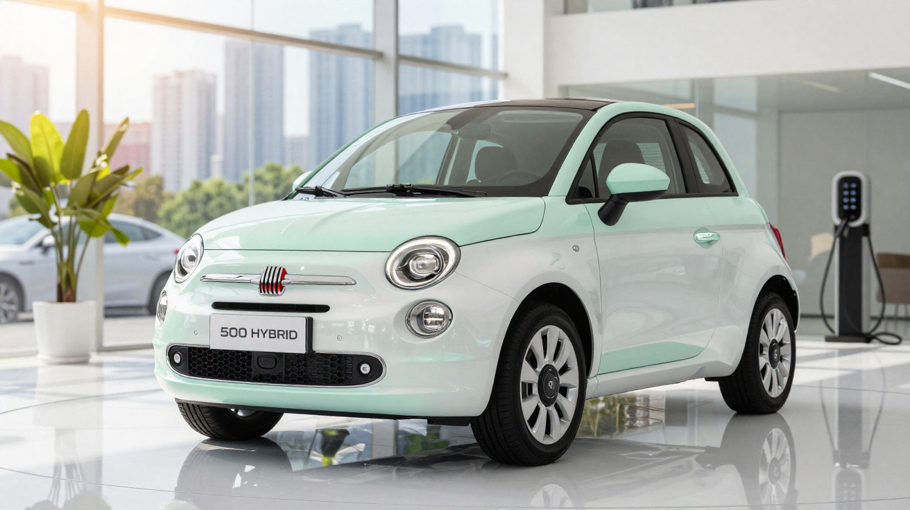 Carro híbrido Fiat 500 branco e verde claro estacionado numa garagem moderna com carregador elétrico.