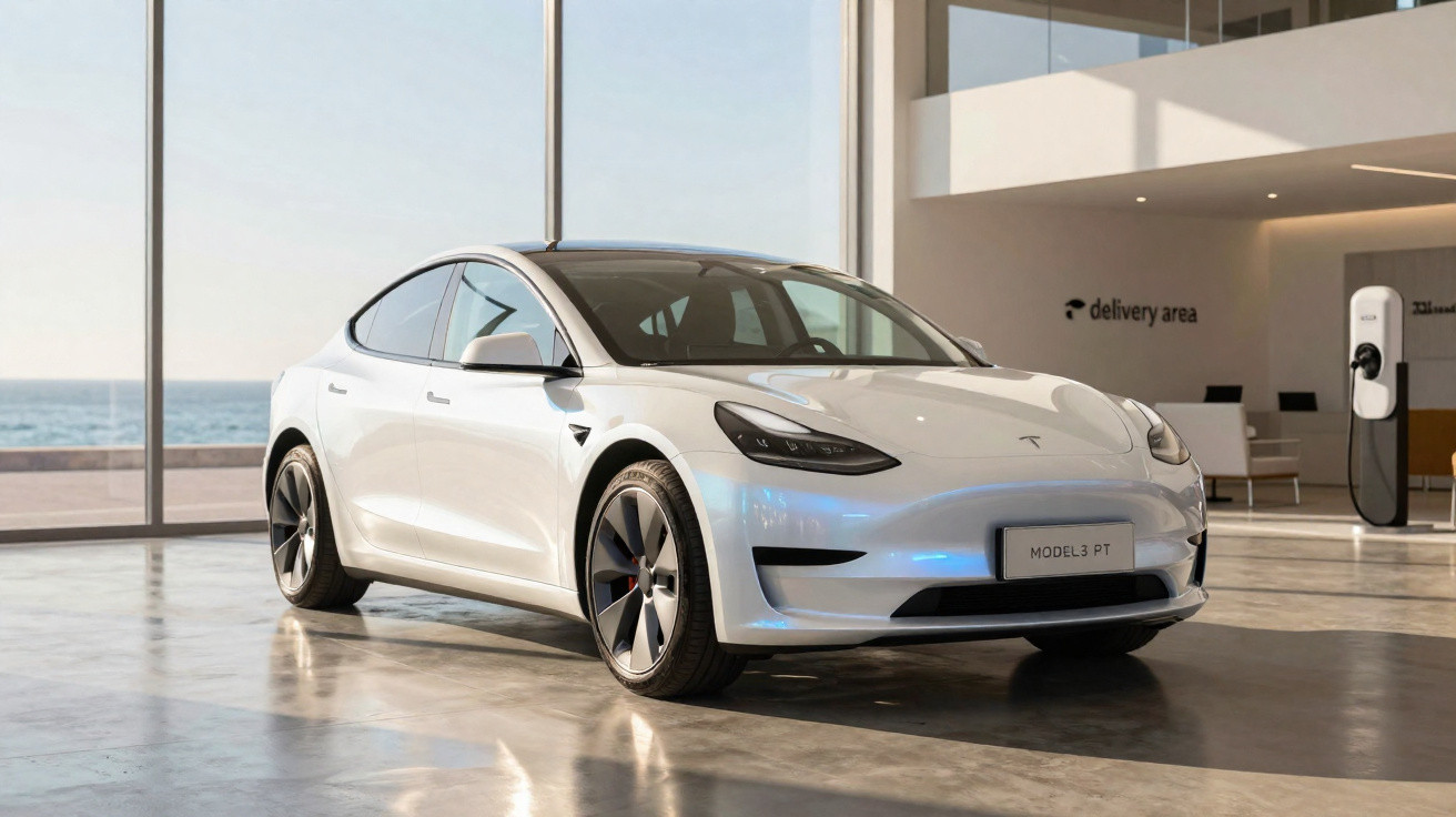 Carro elétrico Tesla Model 3 branco estacionado em showroom moderno com vista para o mar.