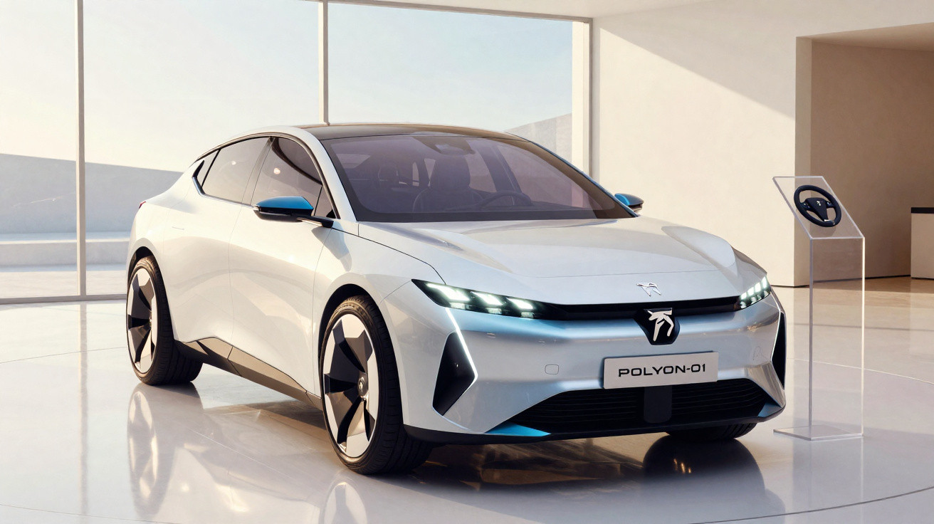 Automóvel elétrico futurista branco exposto em ambiente moderno com grandes janelas de vidro.
