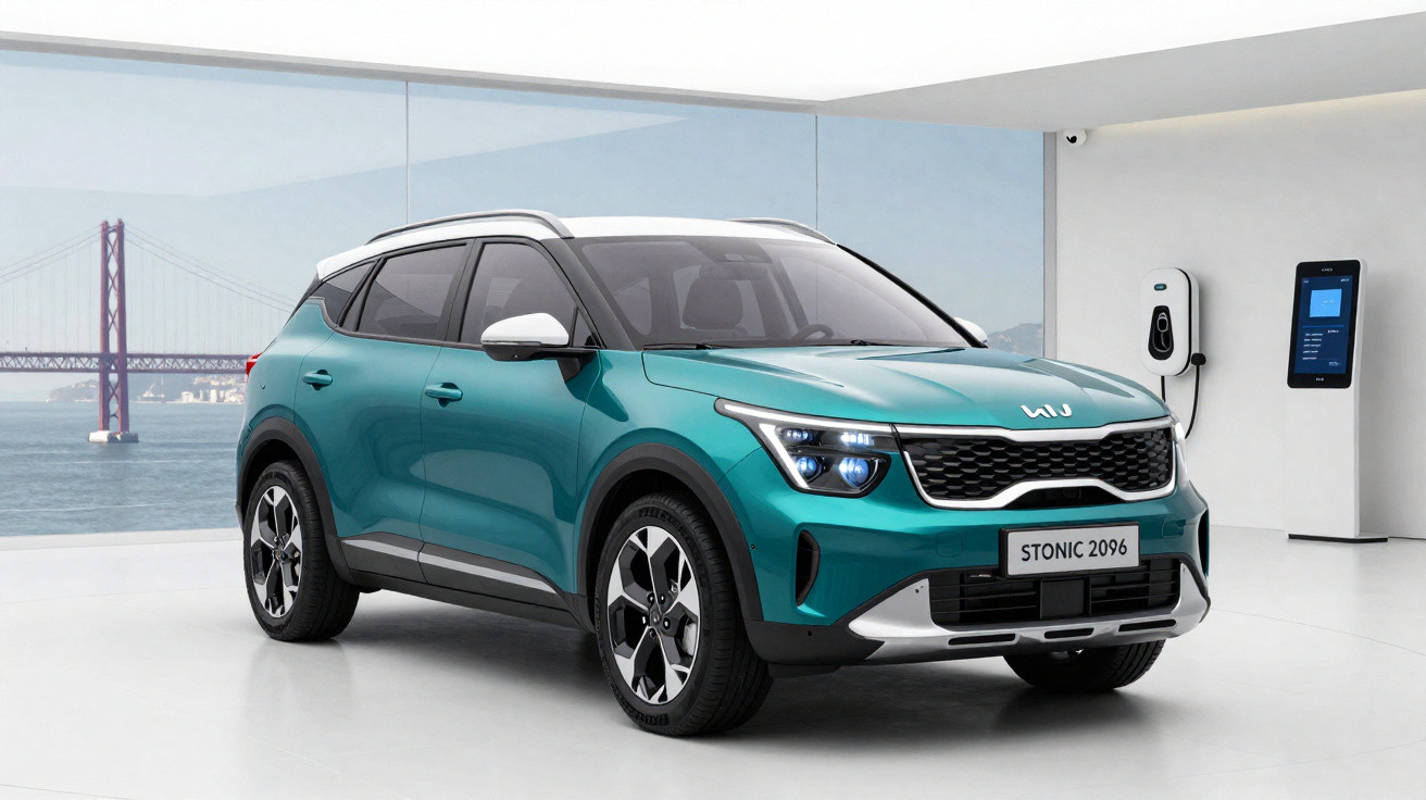 Automóvel Kia Stonic 2096 verde com tejadilho branco estacionado numa sala com vista mar e ponte.