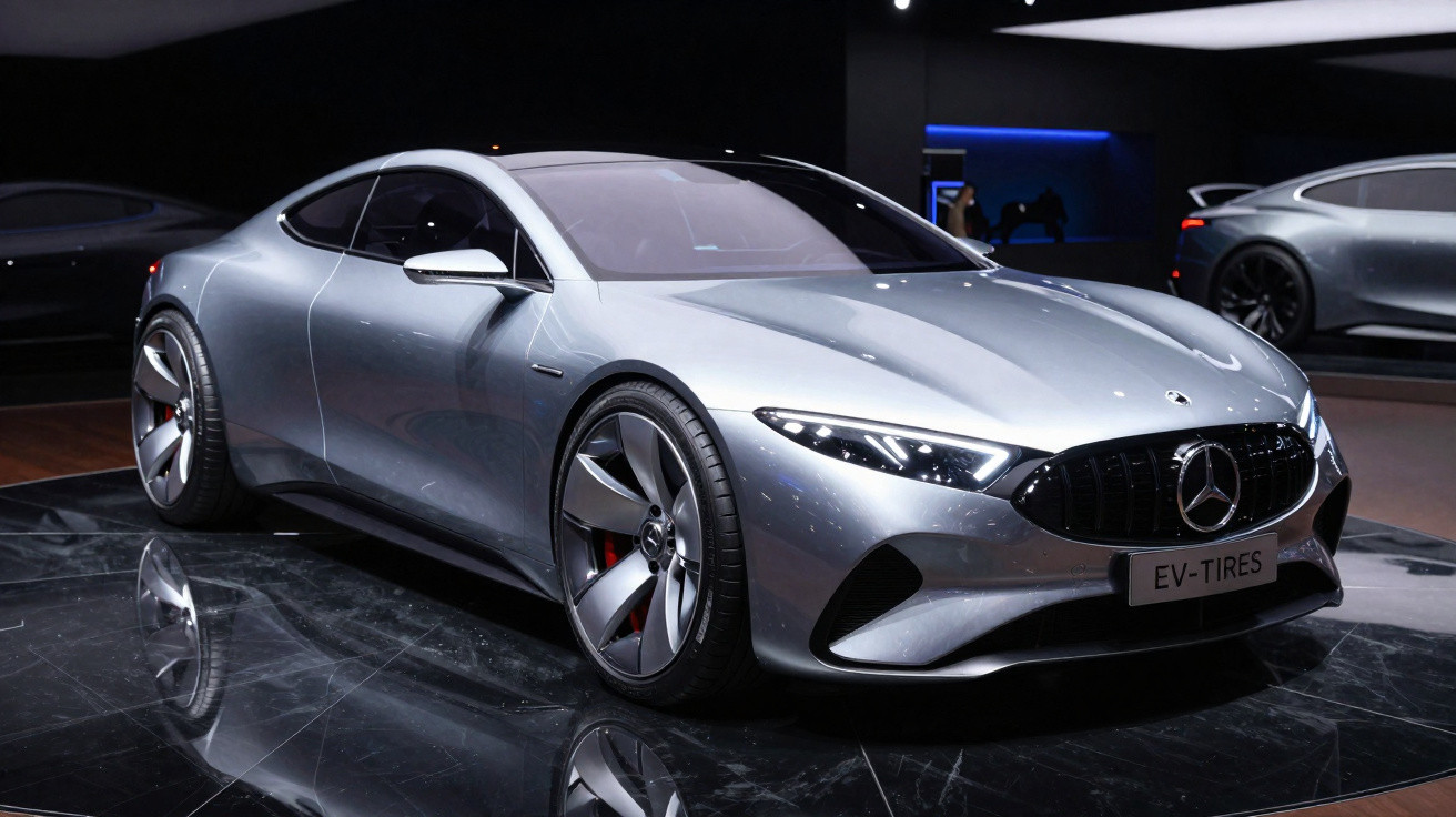 Carro desportivo elétrico Mercedes-Benz prata estacionado em piso reflexivo num salão automóvel.