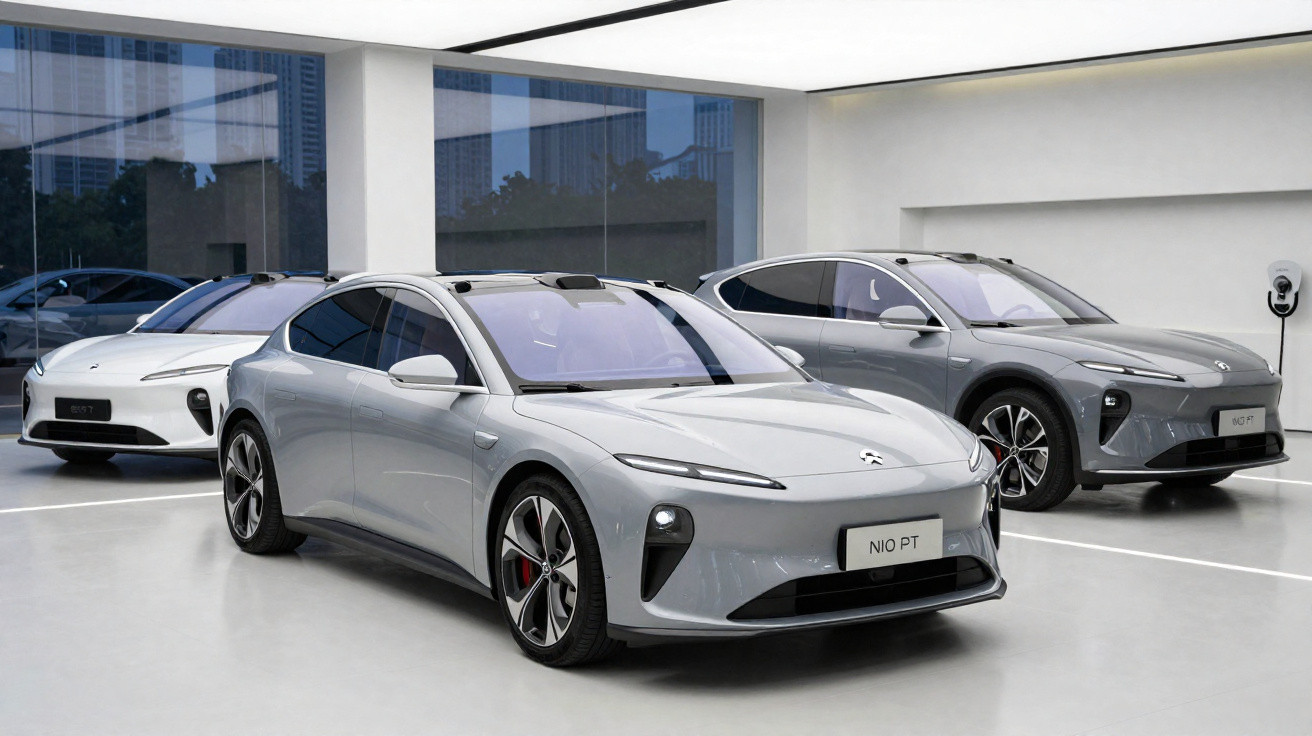 Três carros elétricos NIO estacionados num showroom moderno com chão branco e paredes de vidro.