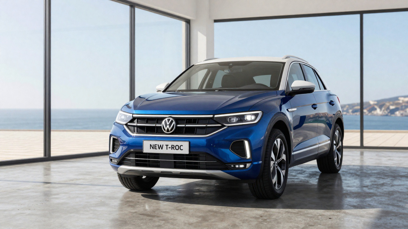 Carro Volkswagen T-Roc azul em showroom com janelas grandes e vista para o mar ao fundo.