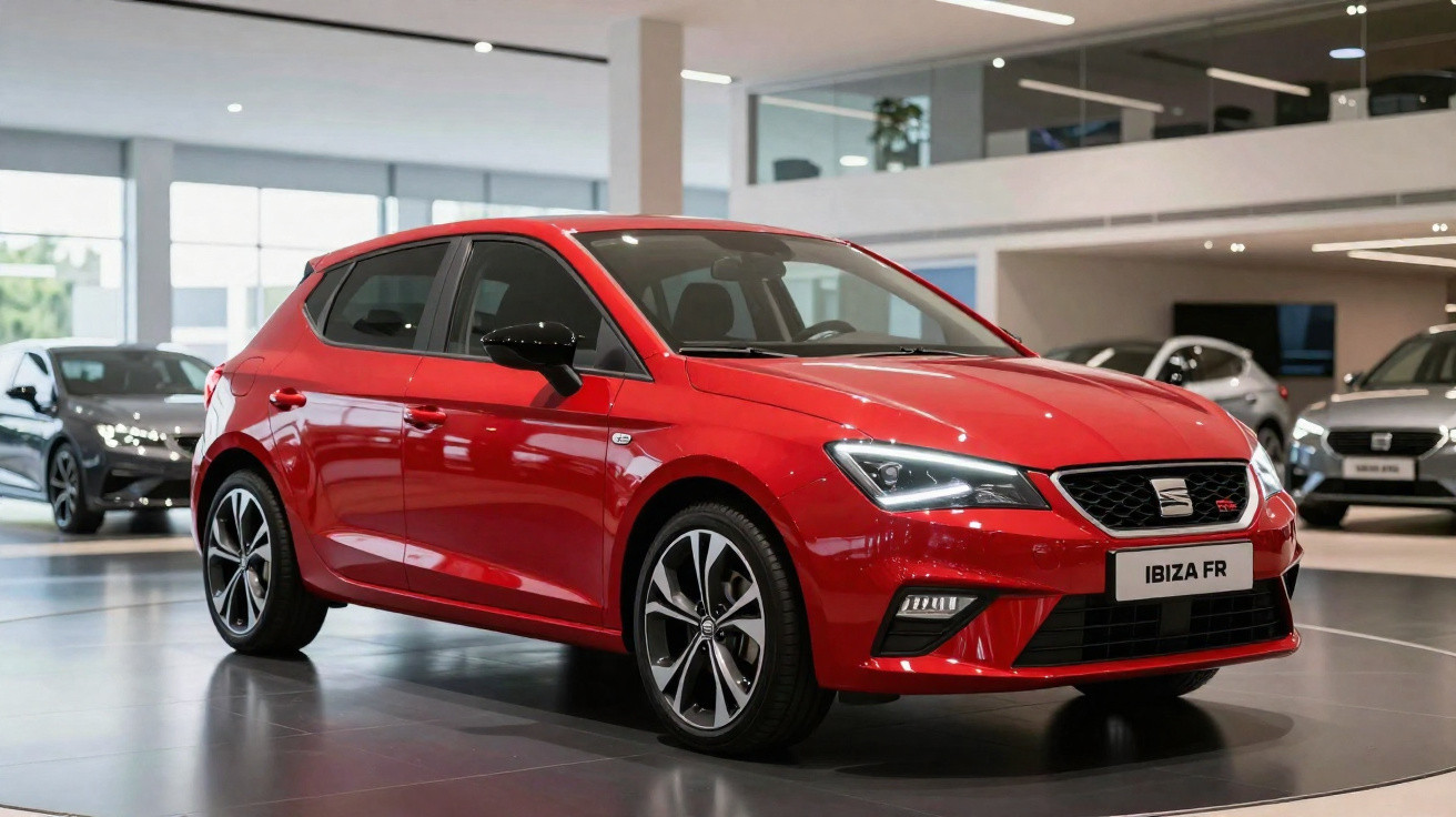 Seat Ibiza FR vermelho estacionado em showroom moderno com outros carros ao fundo.