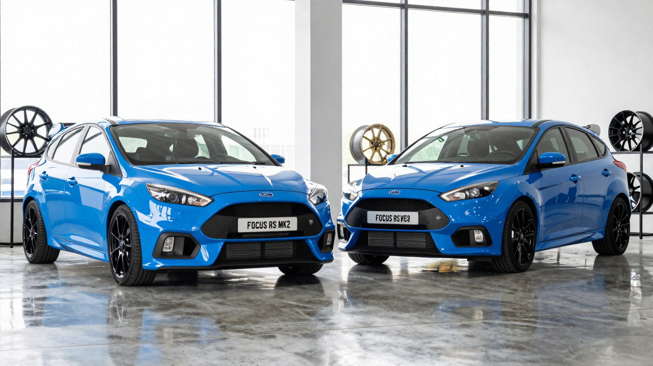 Dois carros Ford Focus RS azuis estacionados em pavimento interior refletor com jantes expostas ao fundo.