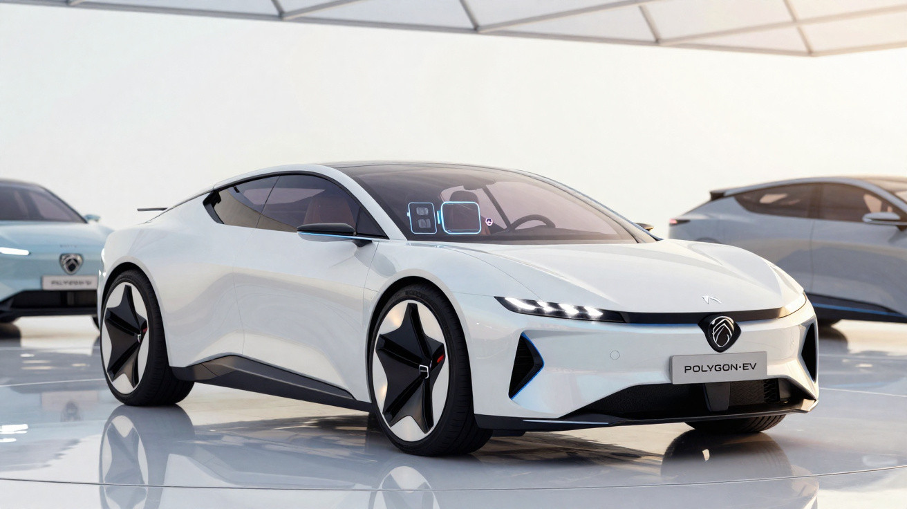 Carro desportivo elétrico branco com design futurista numa sala de exposição moderna e luminosa.