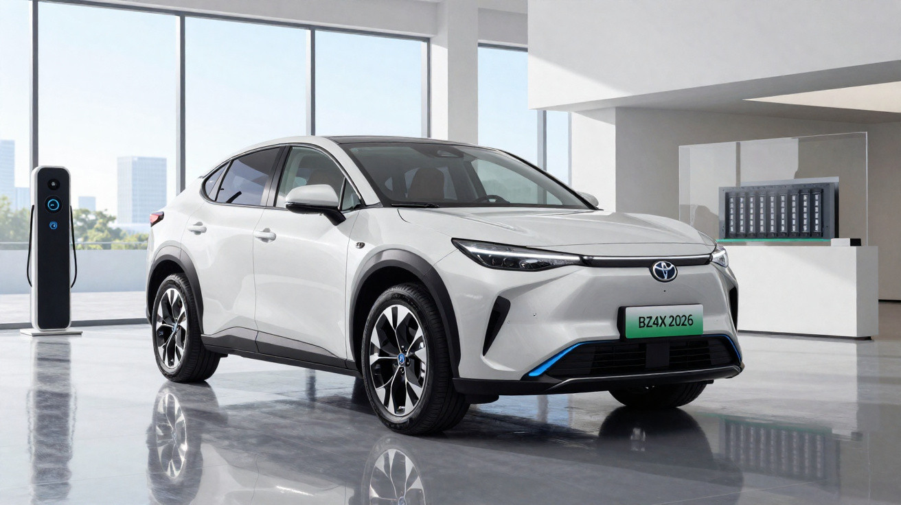 Carro elétrico Toyota branco estacionado em ambiente moderno com estação de carregamento.