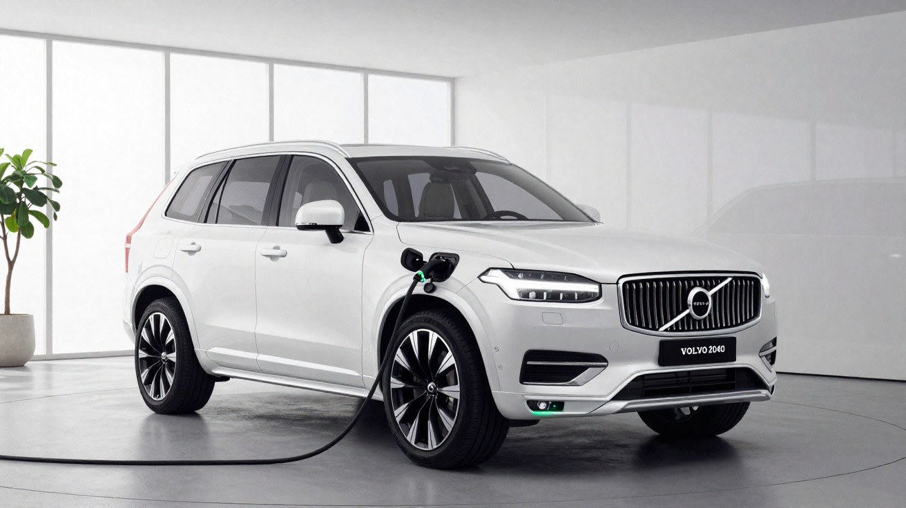 Carro elétrico Volvo XC90 branco, carregando numa estação interna com planta perto da janela.