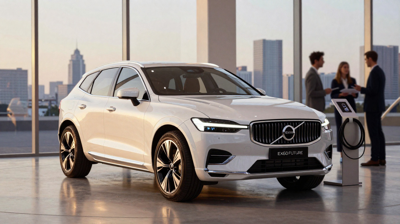 Veículo elétrico Volvo branco estacionado em showroom moderno com pessoas ao fundo e estação de carregamento.