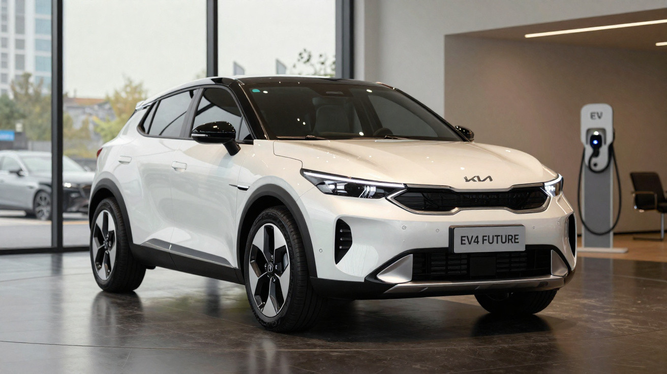 Carro elétrico branco Kia EV4 Future estacionado em sala de exposição com estação de carregamento ao fundo.