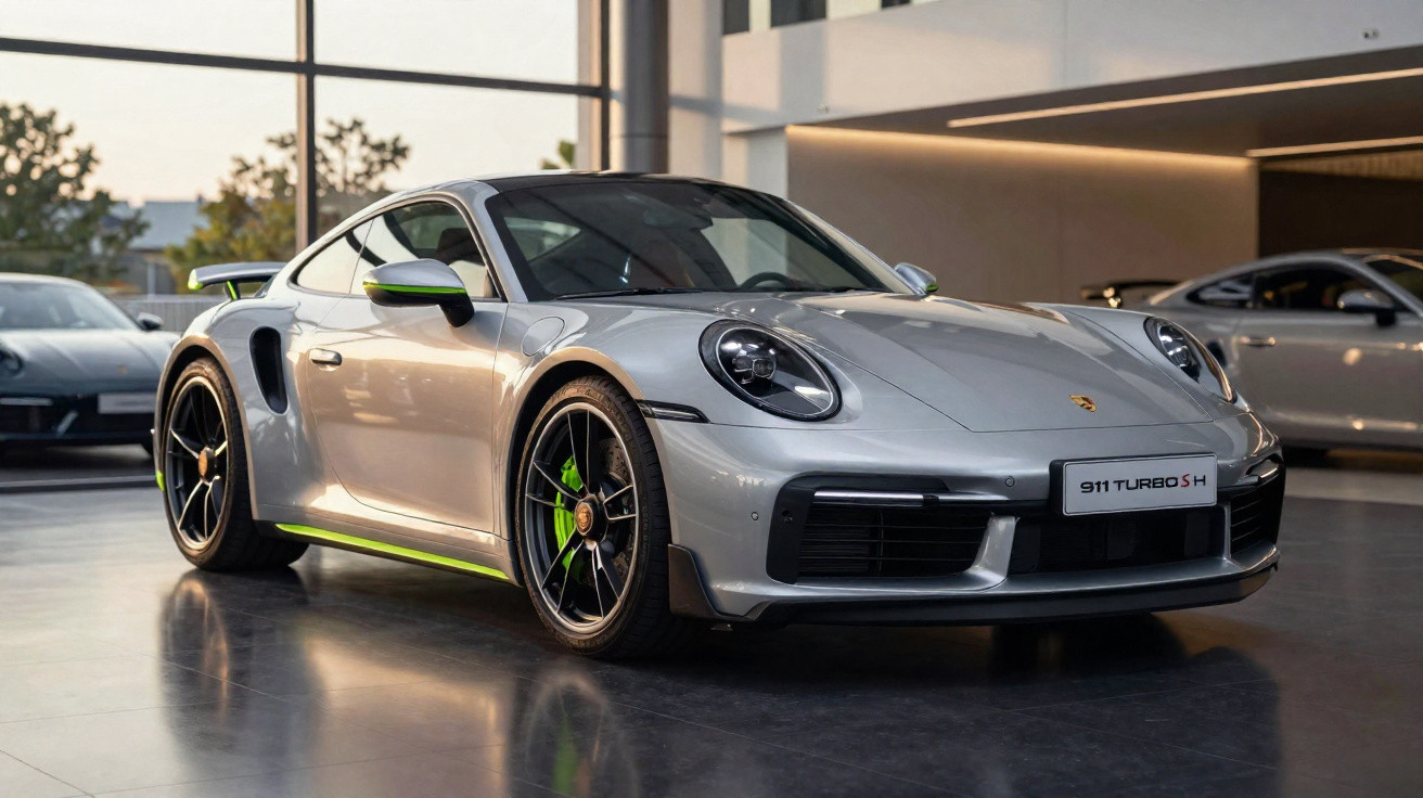 Carro desportivo Porsche 911 Turbo S prateado com detalhes verdes estacionado num showroom moderno.