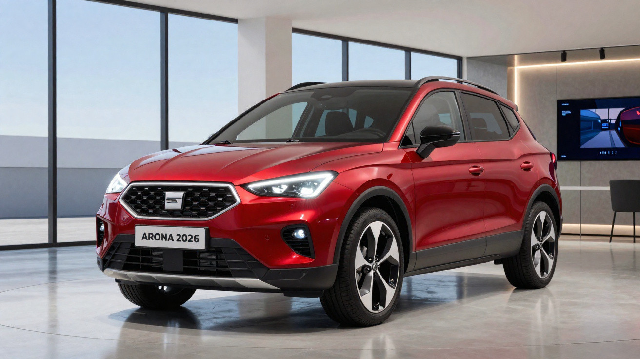 SUV SEAT Arona 2026 vermelho em exibição numa sala moderna com grandes janelas.